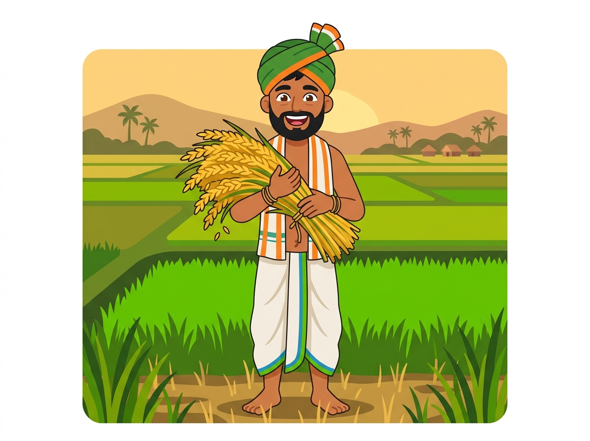 Telugu farmer proudly holding a paddy bundle in lush green rice fields