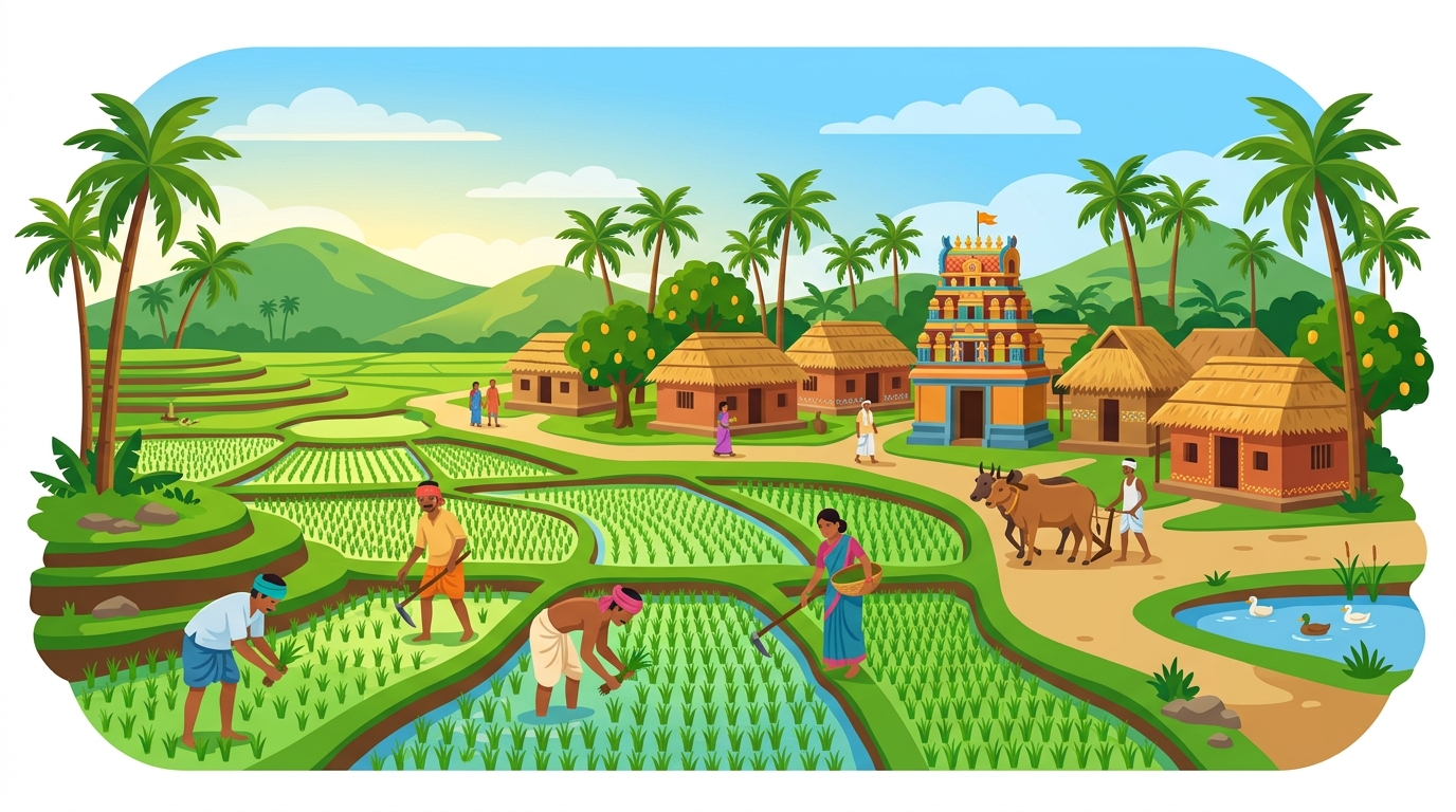Panukupeta village illustration showing paddy fields, a temple, and daily village life